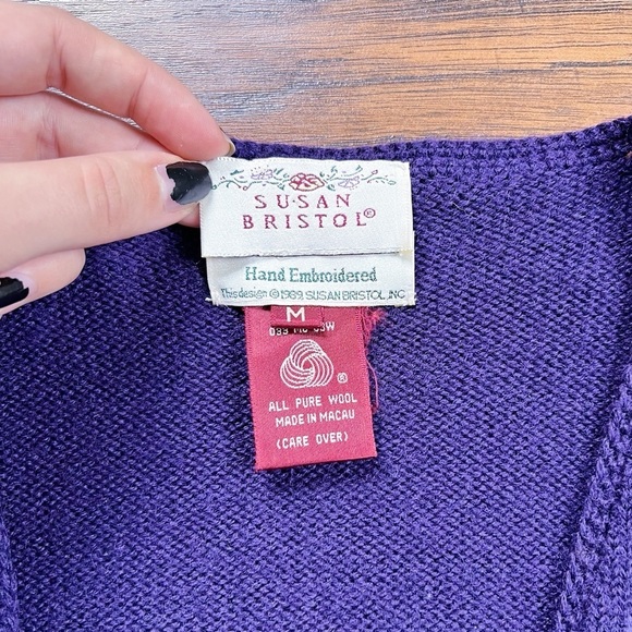 vintage • 80s intarsia floral cardigan sweater purple wool Susan Bristol - Picture 3 of 8